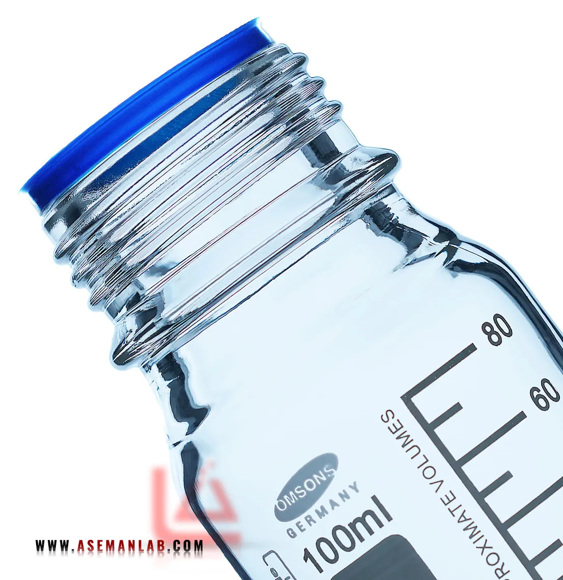 شیشه در پیچ دار 100 میلی لیتر که با عنوان بطری درب آبی نیز شناخته میشود. این محصول ساخته شده از جنس پیرکس و ساخت کمپانی امسنوز آلمانی omsons germany
