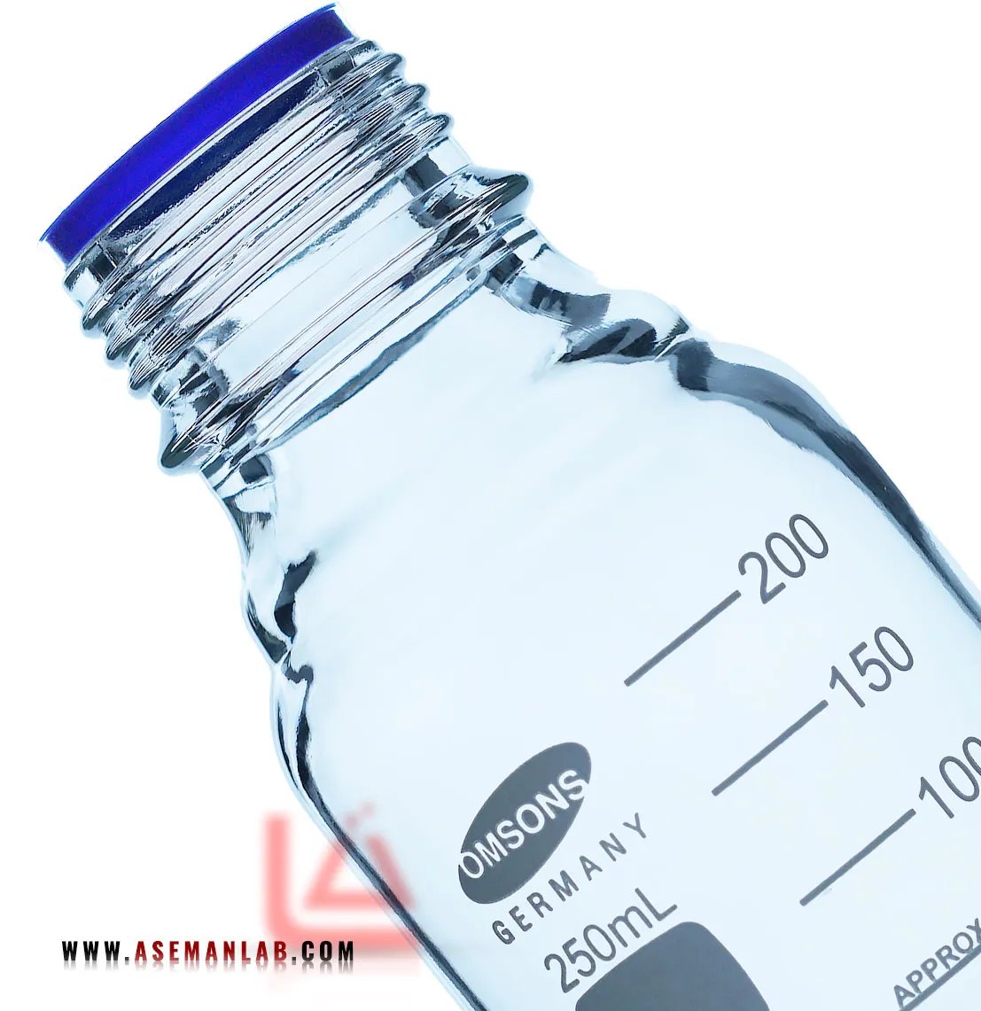 شیشه در پیچ دار 250 میلی لیتر که با عنوان بطری درب آبی نیز شناخته میشود. این محصول ساخته شده از جنس پیرکس و ساخت کمپانی امسنوز آلمانی omsons germany