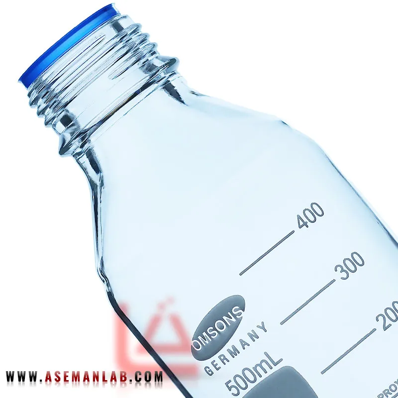شیشه در پیچ دار 500 میلی لیتر که با عنوان بطری درب آبی نیز شناخته میشود. این محصول ساخته شده از جنس پیرکس و ساخت کمپانی امسنوز آلمانی omsons germany