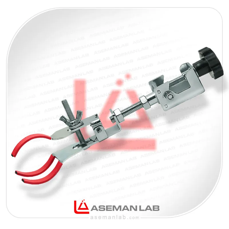 گیره ارلن و بالن سه انگشتی قابل تنظیم ۀزمایشگاهی گیره سه فک آزمایشگاهی با نوا قابل تنظیم، جهت نگهداری بورت، کندانسور، ارلن و بالن