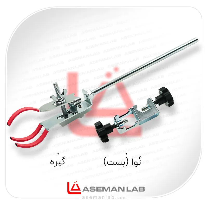 گیره بالن و ارلن سه انگشتی بدون نوا گیره سه شاخکی یا سه چنگکی با بست جداشونده یا بدون نوا، جهت نگهداری ارلن، بالن، بورت، ستون تقطیر، کندانسور در آزمایشگاه شیمی و غیره