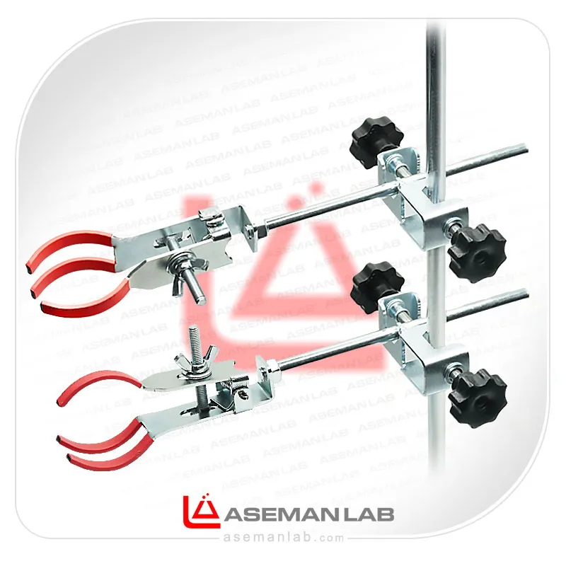 گیره سه انگشتی بالن و ارلن بدون نوا گیره بدون نوا سه انگشتی یا چنگکی با نوای جدا شونده جهت نگهداری، کندانسور، ارلن، بالن، بورت و ... در آزمایشگاه